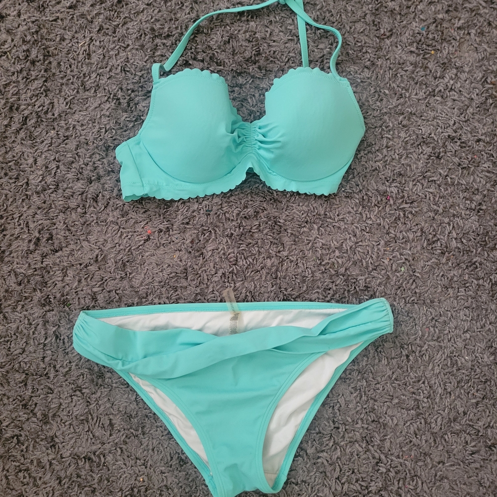 Victoria's Secret Set Lightly Lined Demi Bikini Top 36C bottom large Turquoise